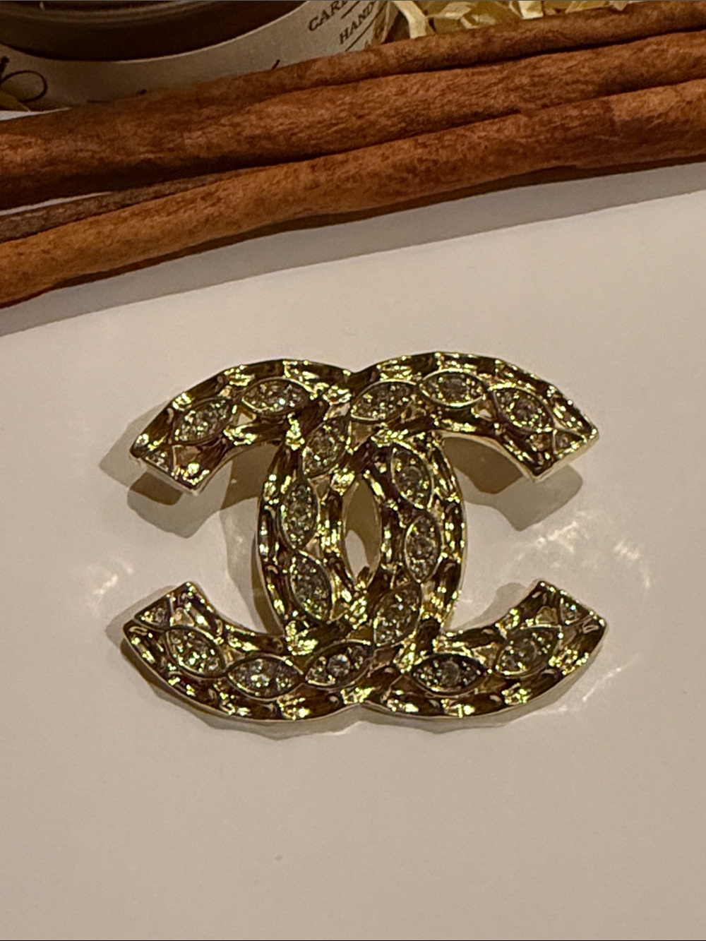 Gold Crystal Interlocking Logo Brooch - Women Accessories